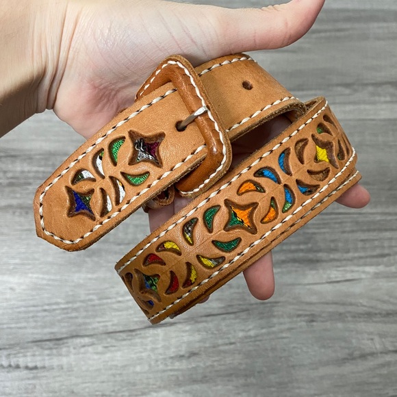 Accessories - Boho Embroidery Underlay Cutout Leather Belt 36